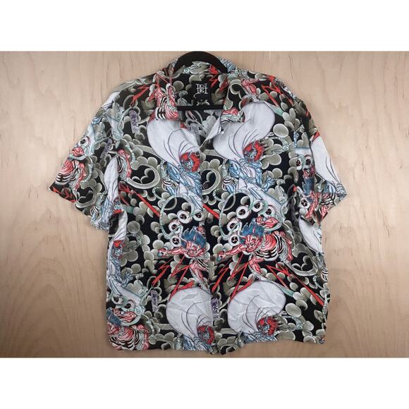 DEH XL Japanese Oni Demon Graphic Button Up Shirt Short Sleeve - Picture 2 of 8